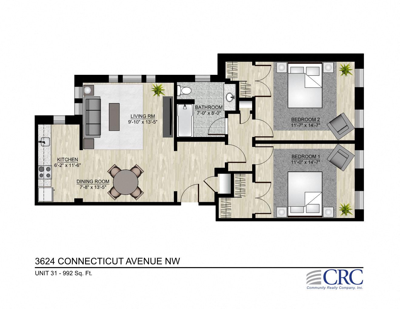 Floor plan for 2 beds, 1 bath, 992 sqft